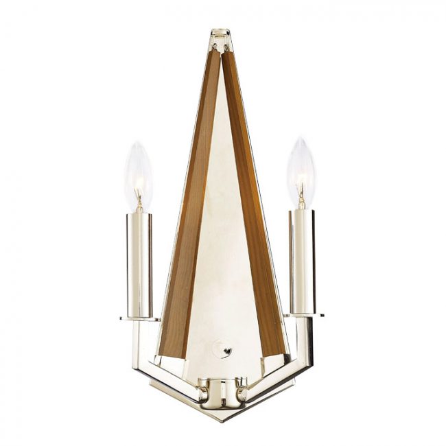 lavish_ Diyas Hilton 2 light wall fitting with a triangular wooden design and chrome accents, perfect for Southport home decor.