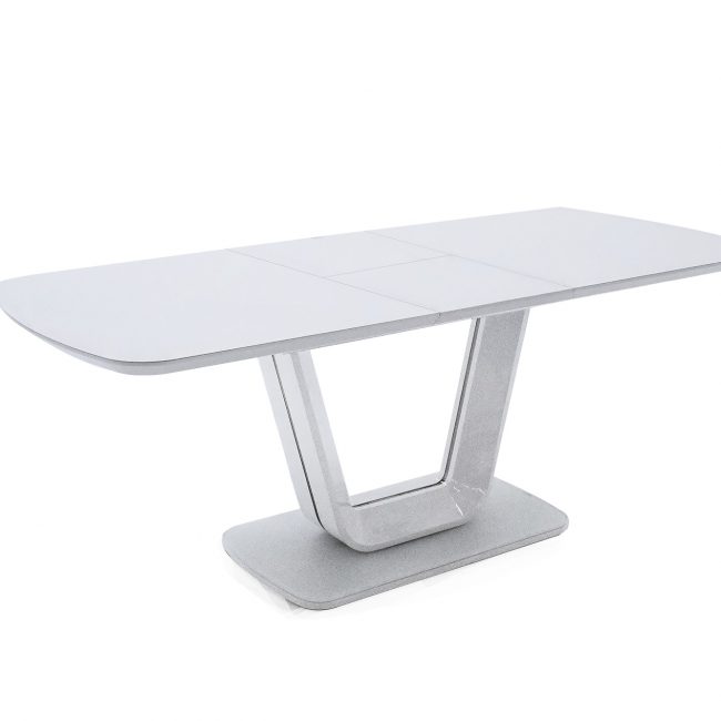 lavish_ Modern white extendable dining table on a white background, perfect for Southport home decor.