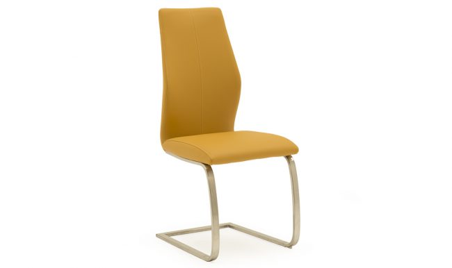 lavish_ Modern mustard yellow chair with a tall backrest and metal base, perfect for home decor.