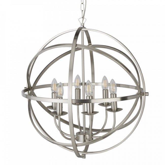 lavish_ Modern Orb 6 Light Pendant chandelier with exposed bulbs on a white background, perfect for interior design projects.