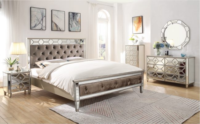 lavish_ Elegantly furnished bedroom with a Rosa Bed- 4'6 headboard, mirrored furniture, and contemporary artwork perfect for modern interior design.