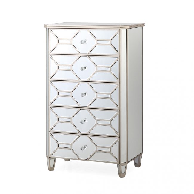 lavish_ Modern Rosa tall chest 5 drawer with five drawers and silver accents, perfect for home decor.