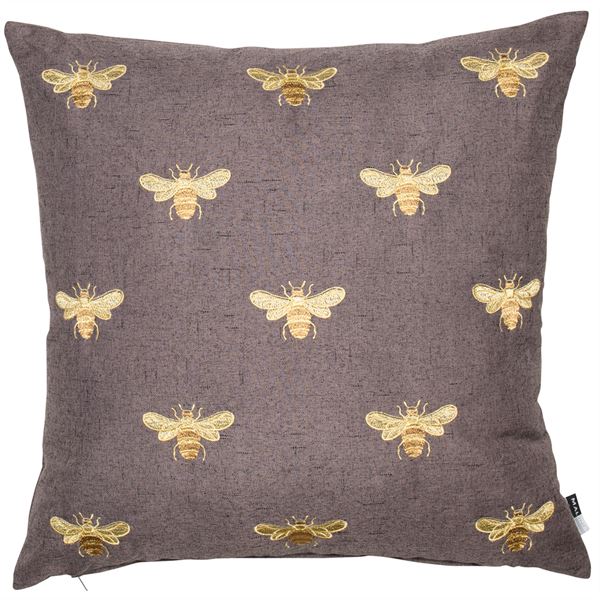 lavish_ Decorative Abeja Cushion with a pattern of gold embroidered bees on a gray background, perfect for interior design.