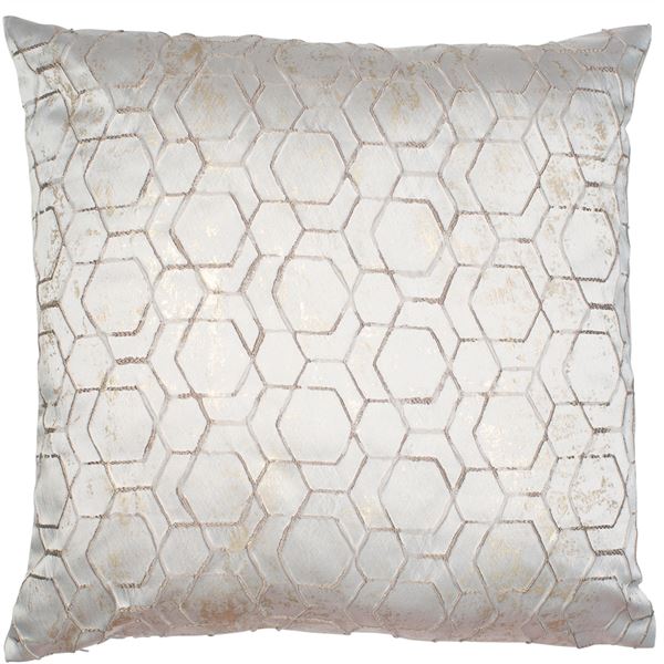 lavish_ Sentence with product name: A Jaan Cushion with a white and gold hexagonal pattern, perfect for Southport home decor.