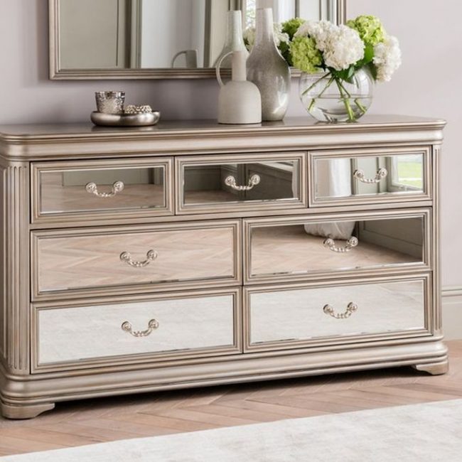lavish_ Elegant silver-finished Jessica Dressing Chest with mirror accents and ornate drawer handles, perfect for Southport interior design.