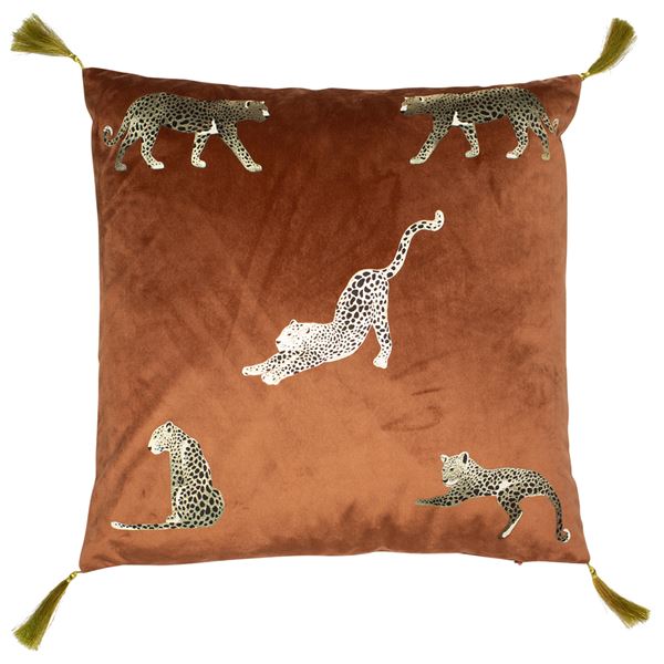 lavish_ Feline Rust Leopard cushion with tassels at the corners, perfect for southport-inspired home decor.