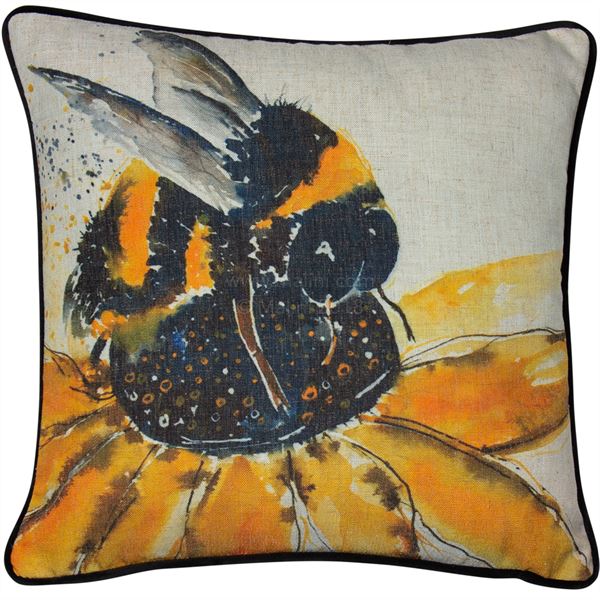 lavish_ A Berty Bee Cushion featuring an artistic rendition of a bee on a sunflower, perfect for interior design enhancements.