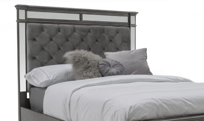 lavish_ Elegant gray tufted Ophelia Bed - 5' Kingsize with a neatly made bed, decorative pillows, and Southport-inspired home decor.