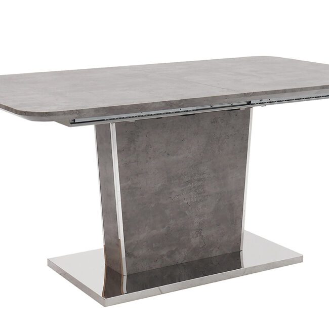 lavish_ Beppe Extending Dining Table 120-160cm designed for interior design enthusiasts, with a concrete-like finish and a stainless steel base, perfect as home decor furniture.