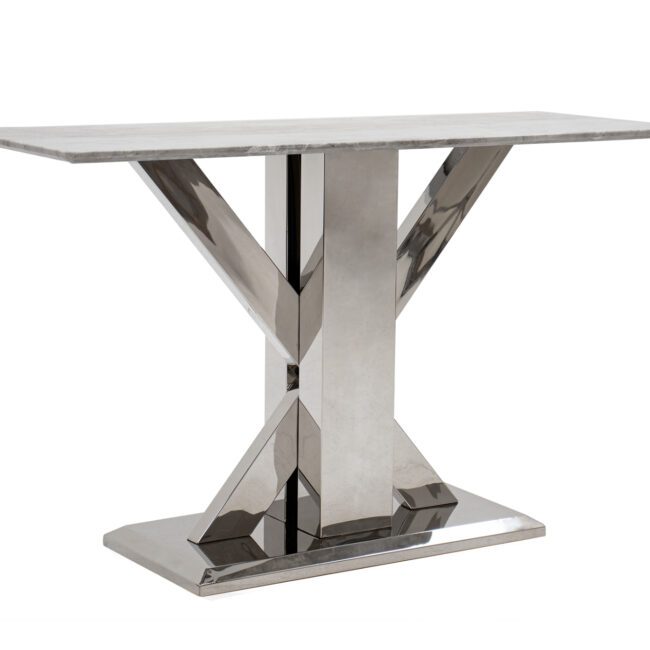 lavish_ Tremmen Console Table - Milan Grey, perfect for interior design schemes, with a reflective stainless steel base and marble top.