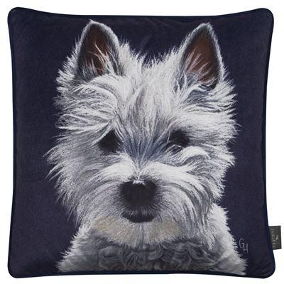 lavish_ A Harry Painted Dog Cushion, perfect for interior design enthusiasts, featuring a printed image of a small dog with fluffy white and gray fur.