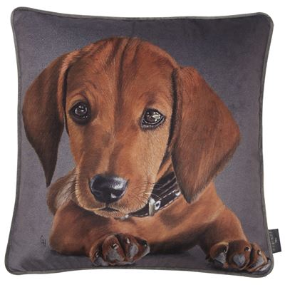 lavish_ Decorative Noodles Cushion featuring a printed image of a brown puppy, ideal for interior design and home decor.