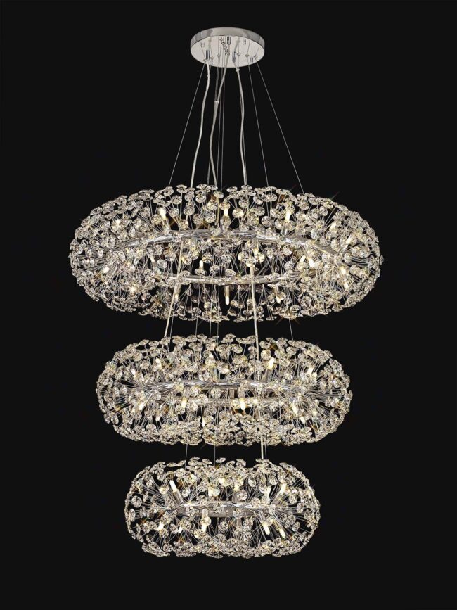 lavish_ Sentence with replaced product: The Beverley 3 Tier 58 Light Pendant Crystal Chandelier against a black background, perfect for Southport interior design.