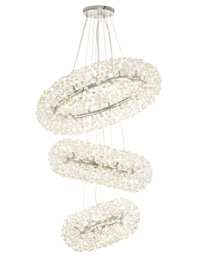 lavish_ Beverley 3 Tier 58 Light Pendant Crystal Chandelier with oval shapes, perfect for southport home decor, suspended from a ceiling.