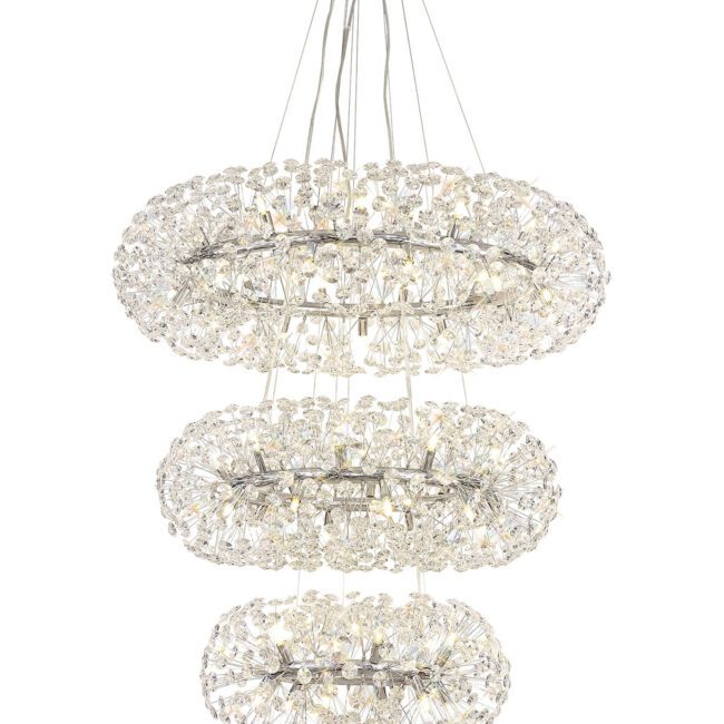 lavish_ A Beverley 3 Tier 58 Light Pendant Crystal Chandelier with a chrome finish, perfect for Southport home decor.