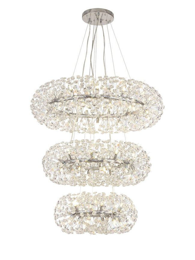 lavish_ A Beverley 3 Tier 58 Light Pendant Crystal Chandelier with a chrome finish, perfect for Southport home decor.