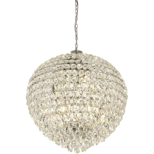 lavish_ Mayfair Crystal 12 Light Pendant with lit lamps and a silver finish, suspended from a chain, perfect for enhancing any southport home decor.