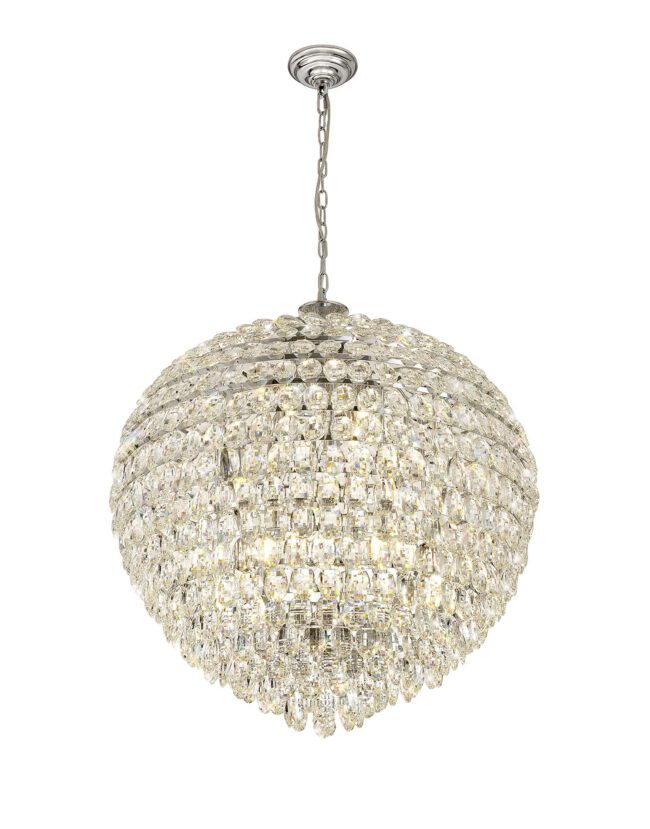 lavish_ Mayfair Crystal 12 Light Pendant with lit lamps and a silver finish, suspended from a chain, perfect for enhancing any southport home decor.