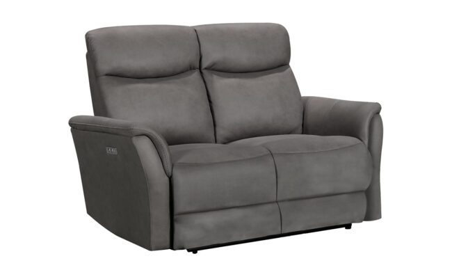 lavish_ A gray two-seater upholstered recliner sofa perfect for Southport home decor, set against a white background.