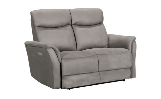 lavish_ A modern gray fabric recliner sofa, a staple in Southport home decor, stands against a white background.