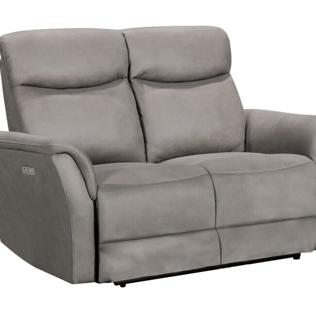lavish_ A modern gray fabric recliner sofa, a staple in Southport home decor, stands against a white background.