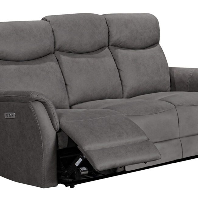lavish_ A gray reclining sofa with an extended footrest on one side, perfect for enhancing your Southport home decor and interior design.