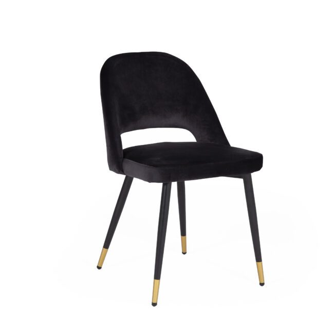 lavish_ Brianna Dining Chair Black with gold-tipped legs, an ideal piece for interior design enthusiasts, isolated on a white background.
