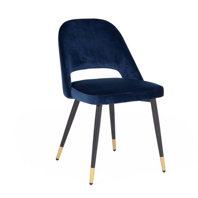 lavish_ An elegant Brianna Dining Chair Navy with black and gold legs, perfect for home decor, isolated on a white background.