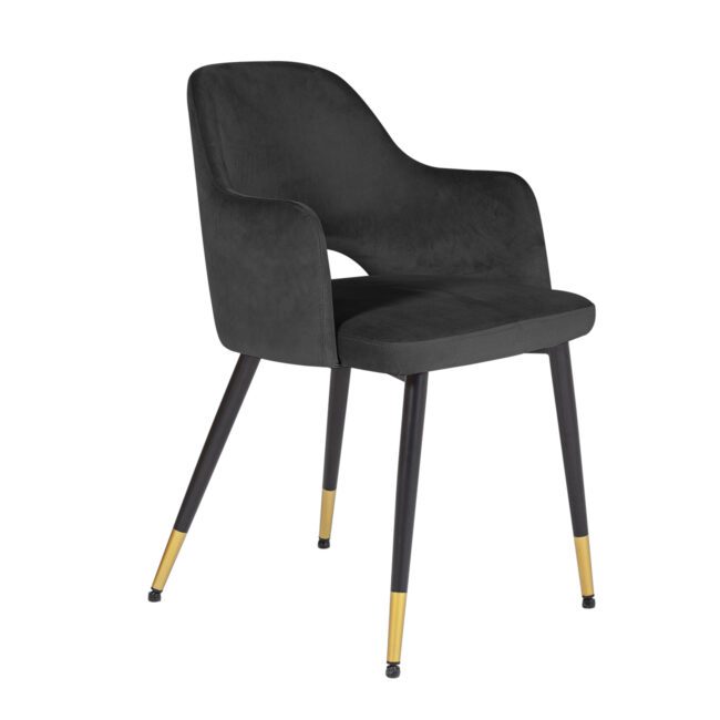 lavish_ Brianna Arm Chair Black with metal legs tipped with gold accents on a white background, perfect for Southport home decor.