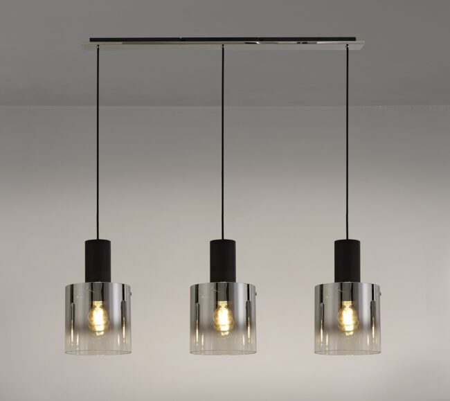 lavish_ Three Bonnie 3 Light Linear Pendants with clear glass shades and filament bulbs, ideal for interior design themes, hanging from a horizontal bar against a Southport home decor neutral background.