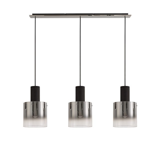 lavish_ Three Bonnie 3 Light Linear Pendants with opaque glass shades and black fittings, suspended from a horizontal bar, perfect for Southport interior design.