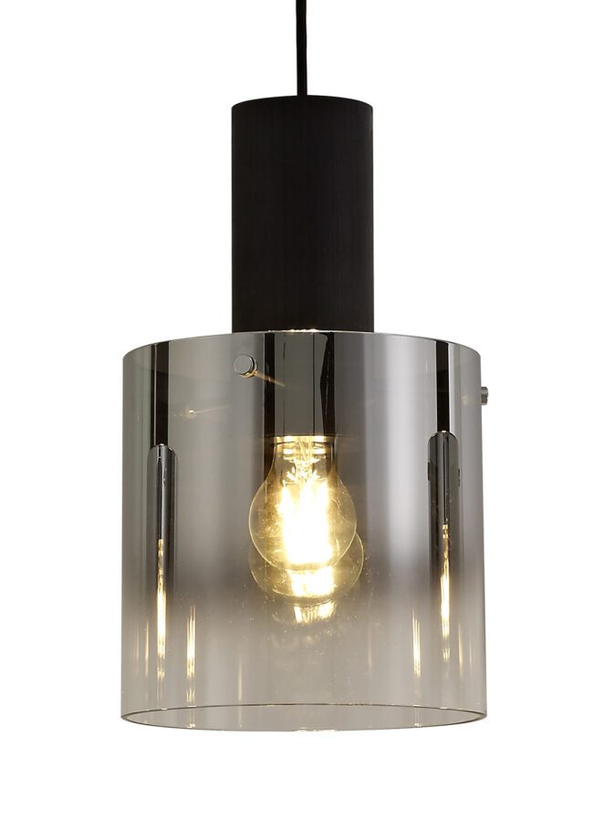 lavish_ A modern Bonnie 3 Light Linear Pendant with a glowing bulb and a clear cylindrical shade.