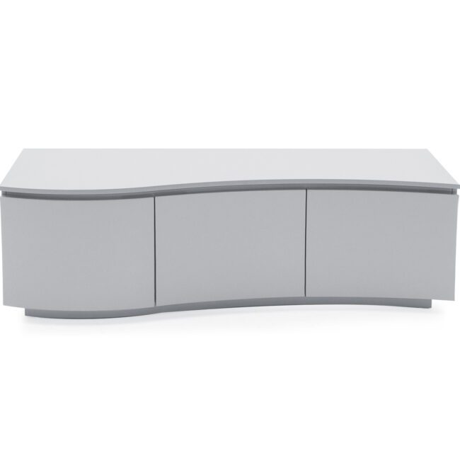 lavish_ Modern curved Lazzaro TV Cabinet - Light Grey Matt with LED on a white background, perfect for Southport interior design.