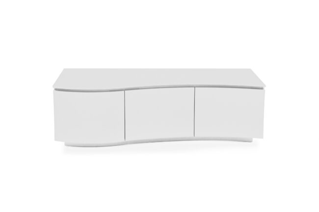 lavish_ Modern white Lazzaro TV Cabinet - White Gloss with LED stand with curved design and closed cabinets against a white background.