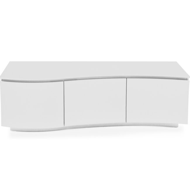 lavish_ Modern white Lazzaro TV Cabinet - White Gloss with LED stand with curved design and closed cabinets against a white background.