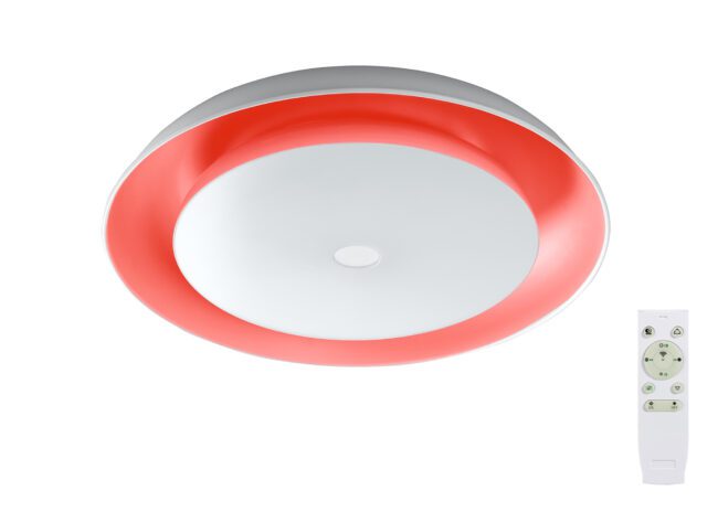 lavish_ Evie Bluetooth Speaker Ceiling Light with a red rim, designed for interior design enhancements, and includes a remote control.