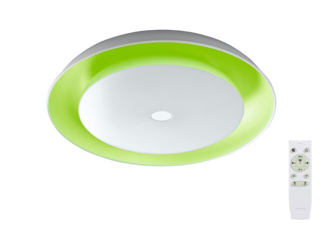 lavish_ Evie Bluetooth Speaker Ceiling Light with green trim and a remote control, perfect for Southport home decor.