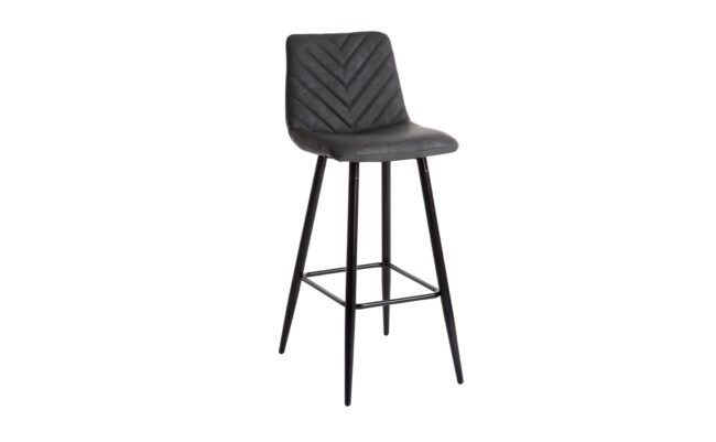 lavish_ A modern Melba bar stool in grey with a chevron pattern on the backrest and metal legs, perfect for your Southport home decor.