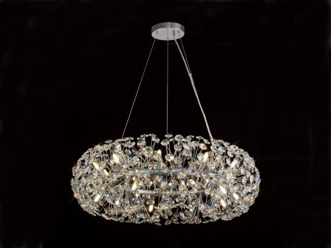 lavish_ Beverley Pendant 20 Light G9 Polished Chrome/Crystal with multiple lights suspended against a dark background, perfect for Southport interior design.