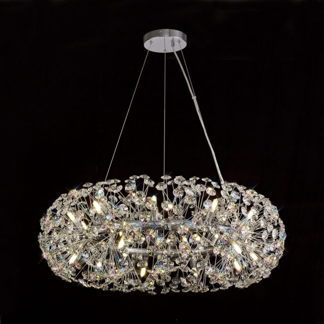 lavish_ Beverley Pendant 20 Light G9 Polished Chrome/Crystal with multiple lights suspended against a dark background, perfect for Southport interior design.
