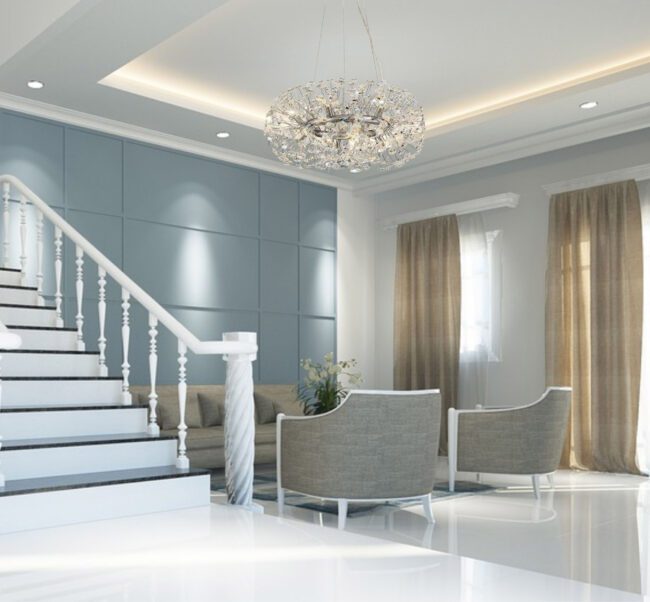 lavish_ Elegant modern living room in Southport with a Beverley Pendant 20 Light G9 Polished Chrome/Crystal, white staircase, and plush seating.