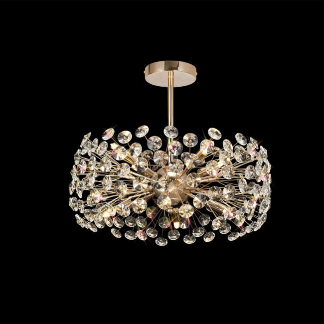 lavish_ Elegant Beverley Semi Flush Pendant 8 Light G9 French Gold/Crystal with crystal embellishments against a black background, perfect for enhancing your home decor.