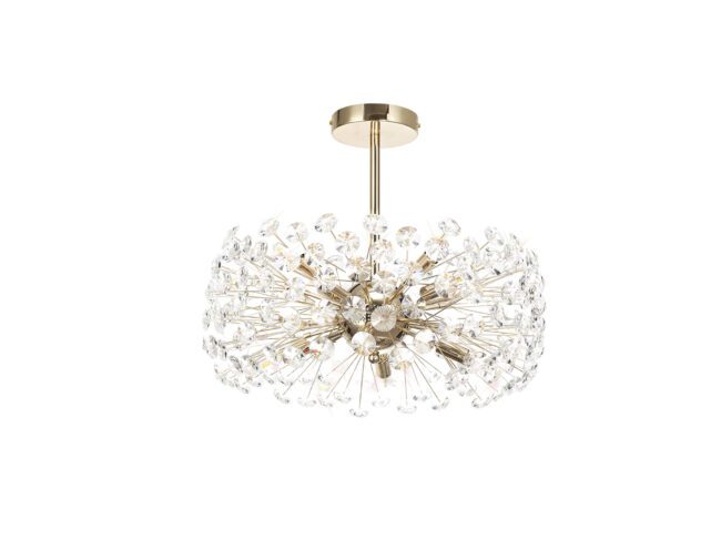 lavish_ Beverley Semi Flush Pendant 8 Light G9 French Gold/Crystal chandelier, perfect for Southport home decor, attached to the ceiling.