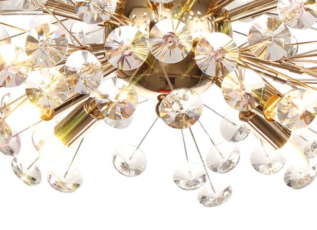 lavish_ Close-up of a Beverley Semi Flush Pendant 8 Light G9 French Gold/Crystal with golden fixtures and shimmering pendants, perfect for home decor or interior design in Southport.
