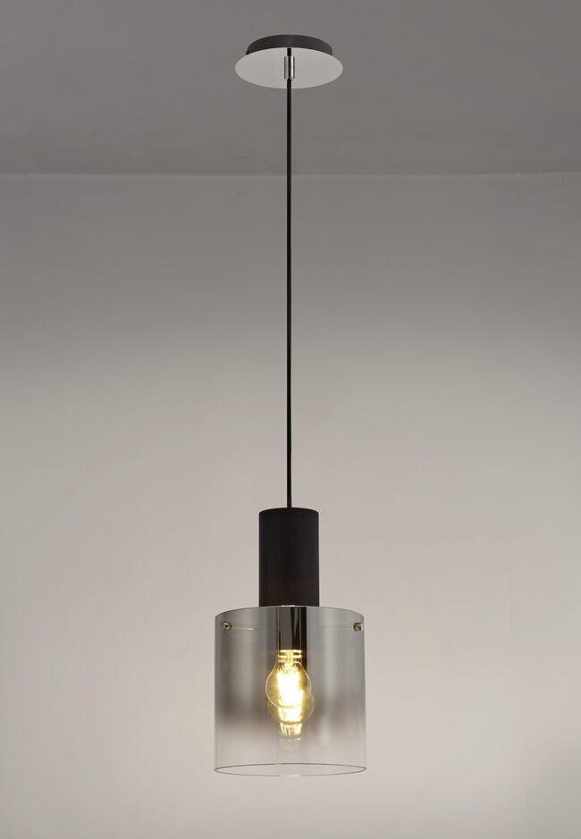 lavish_ Modern pendant light with a translucent shade and exposed bulb, perfect for interior design, hanging from a ceiling. Buy the Bonnie Single Pendant, 1 Light Adjustable E27 in Black/Polished Chrome/Smoke Glass now.