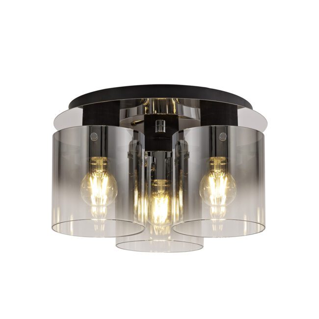 lavish_ Bonnie Round Ceiling Flush with three visible bulbs and a translucent black/smoke fade glass shade, perfect for interior design.