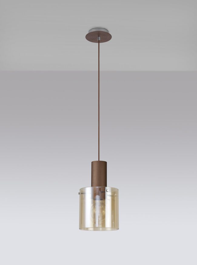 lavish_ Sentence with product name: Bonnie Single Pendant, 1 Light Adjustable E27, Mocha/Amber Glass with a transparent shade and bronze finish, mounted to a ceiling, adds a touch of elegance to home decor.