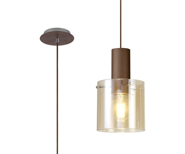 lavish_ Bonnie Single Pendant with cylindrical wood and amber glass design, suspended from the ceiling, perfect for Southport home decor and interior design.
