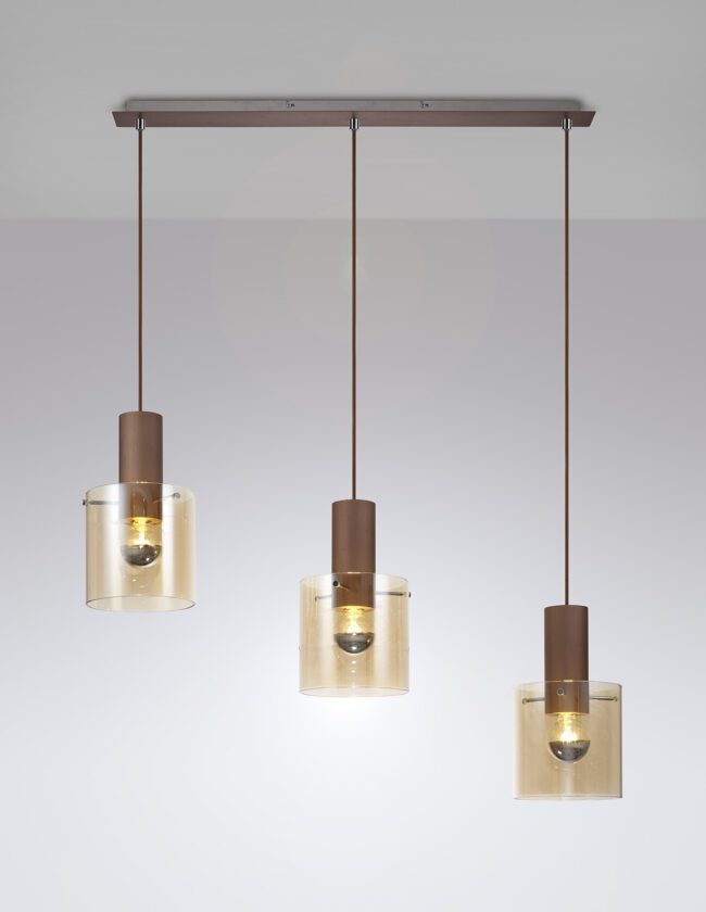 lavish_ Three Bonnie Linear Pendants, 3 Light Adjustable E27, Mocha/Amber Glass with cylindrical glass shades and brown accents, designed for southport home decor, hanging from a horizontal bar.