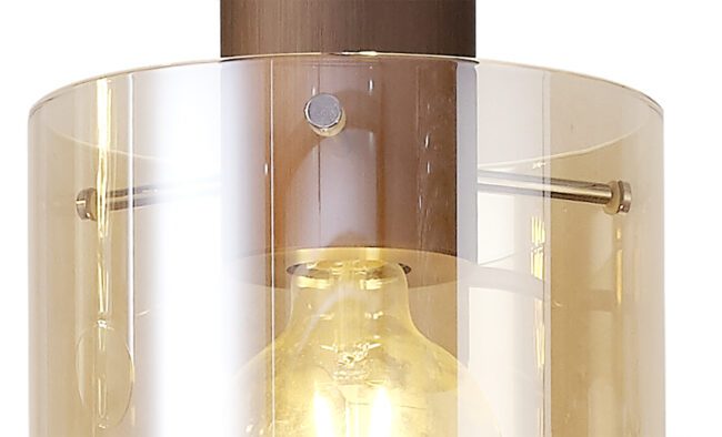 lavish_ Close-up of a Bonnie Linear Pendant, 3 Light Adjustable E27, Mocha/Amber Glass with an illuminated bulb inside a clear cylindrical shade.